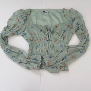 SO Green Smocked Puff Sleeve Blouse